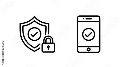 Security and mobile verification icons: shield with checkmark, padlock, smartphone with check, data protection, secure access