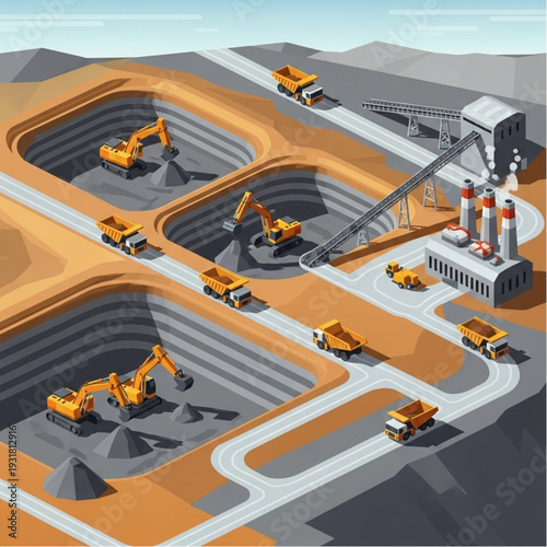 Open pit mining operation with heavy machinery and industrial infrastructure.