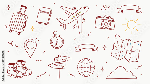 Hand drawn doodle vintage travel and adventure themed vector illustration set