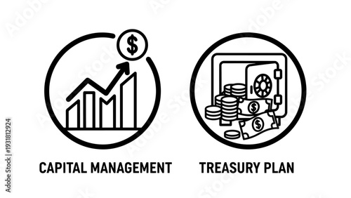 Financial growth and security: icons for capital management, treasury plan, money, charts, safe, coins, and cash.