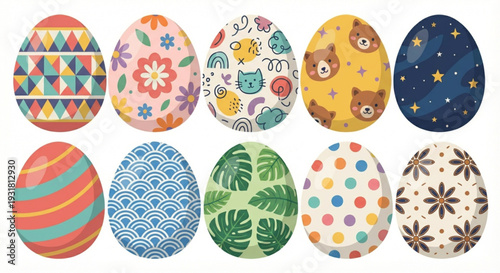 Collection of colorful Easter eggs adorned with various patterns and designs, including floral, geometric, animal, and natural motifs, perfect for holiday decorations and crafts