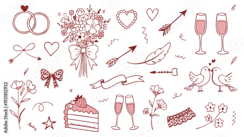 Hand drawn doodle vintage wedding and romance themed vector illustration set
