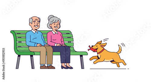 Elderly couple sitting on a green bench with a playful dog running alongside, conveying a joyful reunion scene.