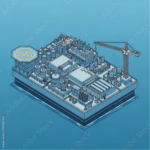 Isometric illustration of an offshore oil rig with crane and helipad on a blue background.
