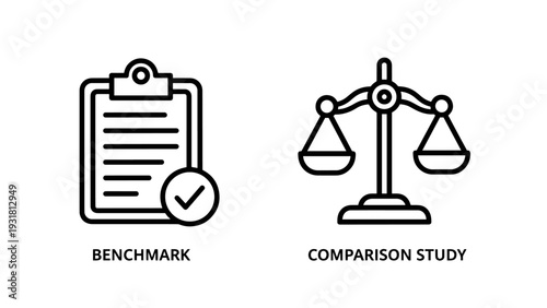 Business comparison and benchmarking: icons of a clipboard with a checkmark for setting standards and a balanced scale for comparative studies and legal judgment.