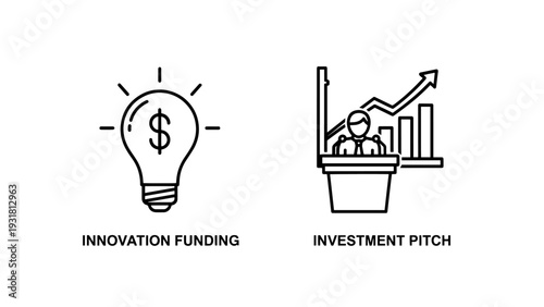 Investment and funding for innovation: icons of a lightbulb with a dollar sign for new ventures and a person presenting a growth chart for an investment pitch.