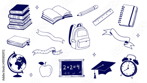 Hand drawn vintage school and study themed vector illustration set