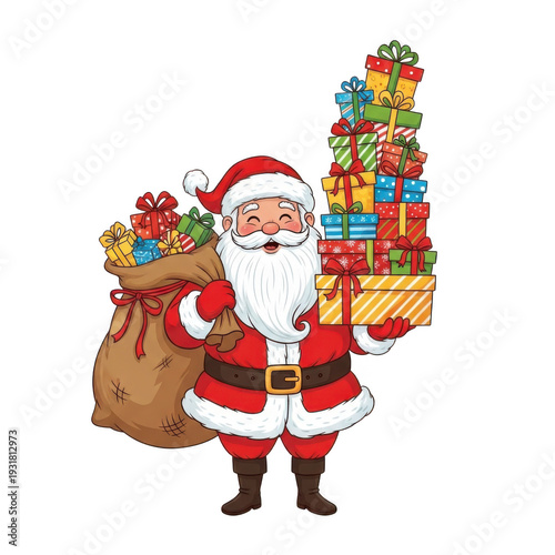 Santa claus holding gifts and a sack isolated on transparent background