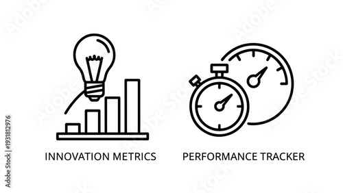 Icons symbolizing innovation metrics and performance tracker, showing a lightbulb, graph, and stopwatch for business growth.