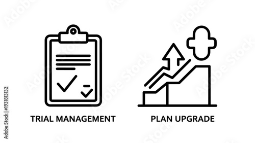 Trial management and plan upgrade icons: checklist with checkmarks and upward trending graph with person icon.