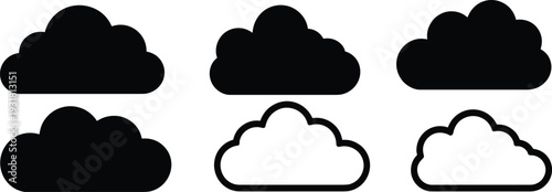 Cloud Silhouette Icon Set with Solid and Outline Weather Symbols Isolated on White Background for Web Design