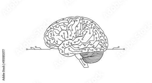 Digital Brain with Circuit Board Pattern and Network Connections