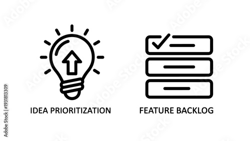 Icons for idea prioritization with a glowing lightbulb and upward arrow, and feature backlog with a checklist.