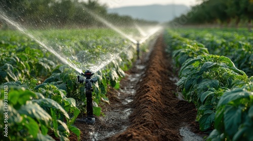 Automated sprinklers irrigate long rows of vibrant green potato plants. Ideal for themes of agricultural technology, efficient irrigation, and sustainability.