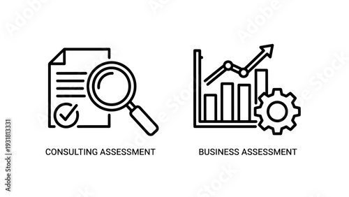 Icons for consulting assessment with a magnifying glass on a document and business assessment with a graph and gear.