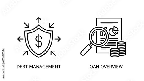 Icons depicting debt management with a shield and dollar sign, and loan overview with a magnifying glass, report and coins.