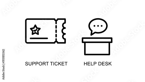 Icons for support ticket with a star ticket and help desk with a speech bubble above a stand.