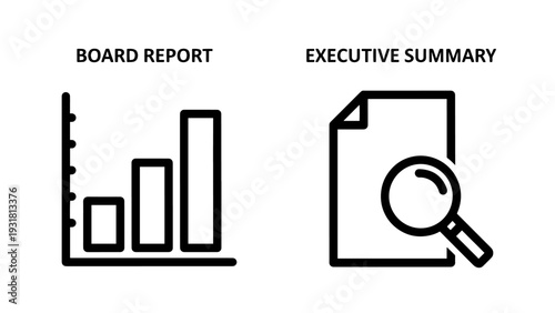 Board report and executive summary icons representing financial analysis, data visualization, and document review.