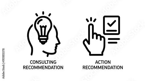 Consulting recommendation icon with a lightbulb in a head and action recommendation icon with a hand pointing.