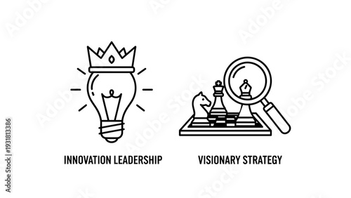 Innovation leadership icon with a crown on a lightbulb and visionary strategy icon with chess pieces under a magnifying glass.