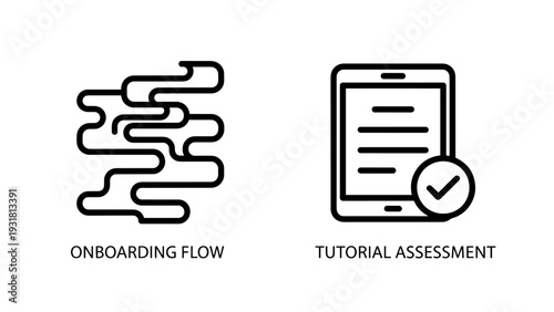 Onboarding flow icon showing a winding path and tutorial assessment icon on a tablet with a checkmark.