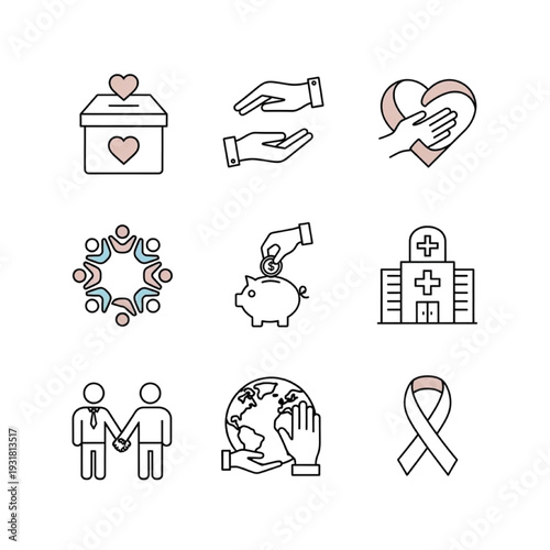 Donation and philanthropy vector icons for nonprofit organizations