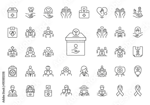 Charity and volunteering line icon set for donation and community