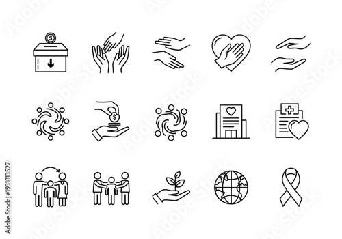 Donation and philanthropy vector icons for nonprofit organizations