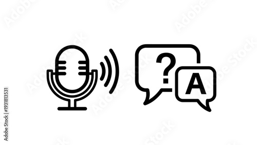 Modern icon set features a microphone with sound waves for voice recording or broadcasting and a speech bubble with question mark and 'A' for Q&A sessions or support.