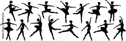 Collection of Ballet Dancer Silhouettes in Elegant Poses and Jumps Isolated on White Background for Dance Design