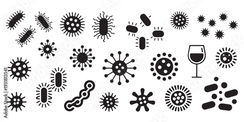 Set of various bacteria, virus, and microorganism icons with a wine glass. Microscopic pathogens and germs in flat black silhouette style.