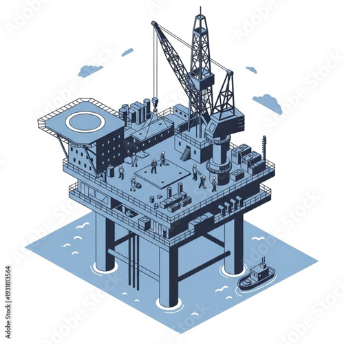 Isometric Offshore Oil Rig Platform with Crane and Support Vessels.