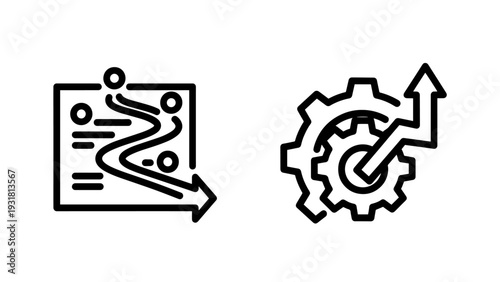 Strategic Business Process and Growth Mechanism Line Icons: Optimized Workflow and Performance Improvement Concepts.