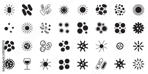 Diverse collection of bacteria, virus, and microorganism icons in flat black silhouette style, with a wine glass.