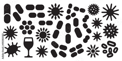 Abstract set of bacteria, virus, and microorganism icons in flat black silhouette, featuring a wine glass.