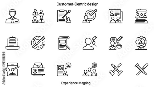 Comprehensive Set of Customer-Centric Design and Experience Mapping Line Icons for User Focus, Service Improvement, and Business Strategy.