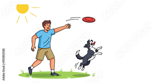 A man playfully throws a frisbee to a joyful pup on a sunny green lawn with a clear blue sky.