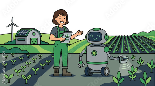 Illustration of a woman in green overalls standing next to a robot in a field with rows of plants and a farm building in the background.