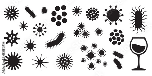 Microscopic Organism Icons and Wine Glass Silhouette Collection
