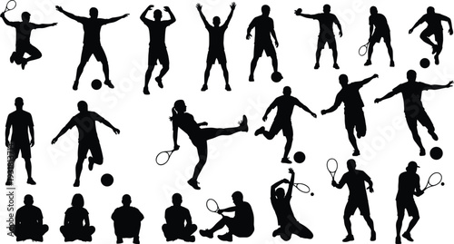 Collection of athlete silhouettes playing soccer and tennis in dynamic action poses isolated on white background