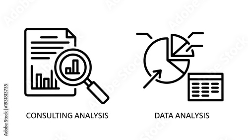 Consulting analysis and data analysis icons with magnifying glass on charts and pie graph