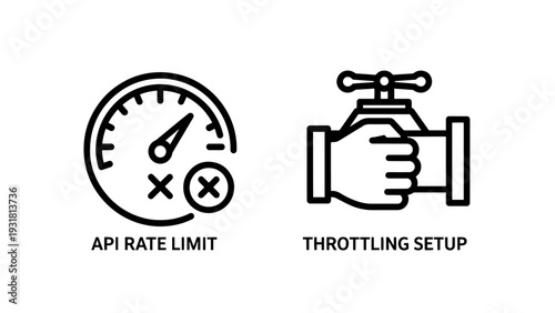API rate limit indicator and throttling setup valve icons for system control and management