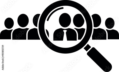 Human resources recruitment concept vector with magnifying glass focusing on candidate selection and team hiring process icon