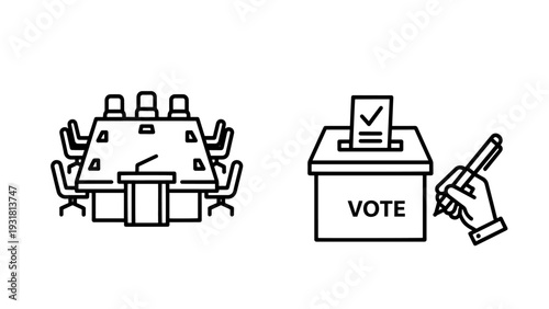 Icons for a board meeting table and a ballot box with a hand voting, representing democratic processes and corporate decision-making in black and white outline.