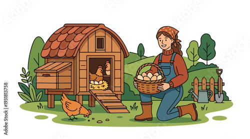Illustration of a woman collecting eggs from a chicken coop with a basket, wearing overalls and a hat in a rural setting.