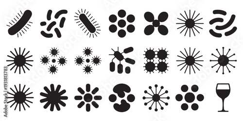 Microbial and Bacterial Icon Set in Grid Layout with Wine Glass