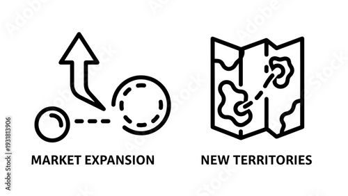 Market expansion and new territories icons: circular path with arrow for market growth and folded map indicating new geographical areas for business