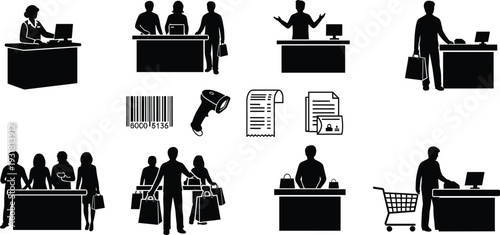 Retail shopping silhouette illustration, customer service, checkout counter, barcode scanner, shopping bags, commerce icons, receipt document, retail management, store transaction vector art