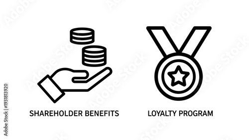 Shareholder benefits and loyalty program icons: hand offering coins for dividends and medal with star representing rewards and customer appreciation