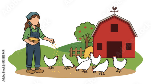 A woman feeds white chickens in front of a red barn on a farm with green grass and a tree.